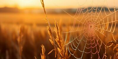 AI Generated. AI Generative. Sunshine spoderweb spider web at field meadow hay grass. Nature outdoor wildlife. Graphic Art photo