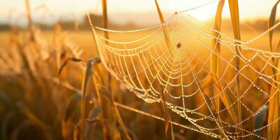 AI Generated. AI Generative. Sunshine spoderweb spider web at field meadow hay grass. Nature outdoor wildlife. Graphic Art photo