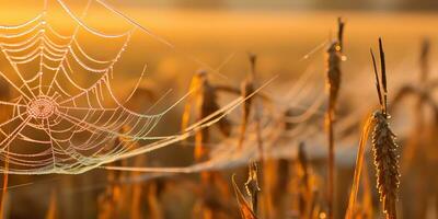 AI Generated. AI Generative. Sunshine spoderweb spider web at field meadow hay grass. Nature outdoor wildlife. Graphic Art photo