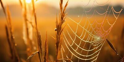 AI Generated. AI Generative. Sunshine spoderweb spider web at field meadow hay grass. Nature outdoor wildlife. Graphic Art photo