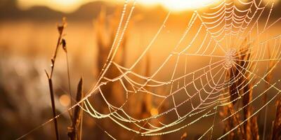 ai generado. ai generativo. Brillo Solar spoderweb araña web a campo prado heno césped. naturaleza al aire libre fauna silvestre. gráfico Arte foto