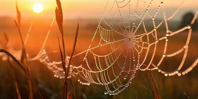 AI Generated. AI Generative. Sunshine spoderweb spider web at field meadow hay grass. Nature outdoor wildlife. Graphic Art photo
