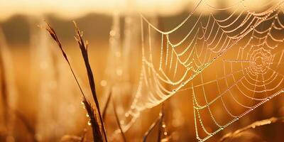 AI Generated. AI Generative. Sunshine spoderweb spider web at field meadow hay grass. Nature outdoor wildlife. Graphic Art photo