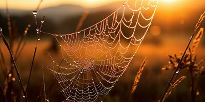 ai generado. ai generativo. Brillo Solar spoderweb araña web a campo prado heno césped. naturaleza al aire libre fauna silvestre. gráfico Arte foto