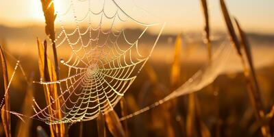 AI Generated. AI Generative. Sunshine spoderweb spider web at field meadow hay grass. Nature outdoor wildlife. Graphic Art photo