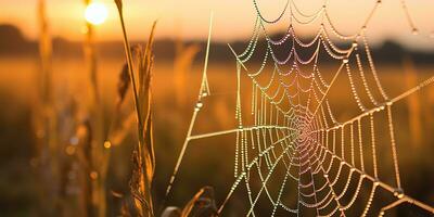 AI Generated. AI Generative. Sunshine spoderweb spider web at field meadow hay grass. Nature outdoor wildlife. Graphic Art photo