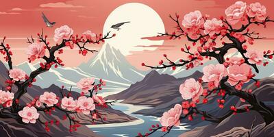 AI Generated. AI Generative. Vintage retro traditional Japanese Asian landscape background. Cherry blossom sakura tree flower mountain and outdoor nature minimal graphic art. Graphic Art photo