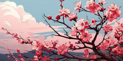 AI Generated. AI Generative. Vintage retro traditional Japanese Asian landscape background. Cherry blossom sakura tree flower mountain and outdoor nature minimal graphic art. Graphic Art photo