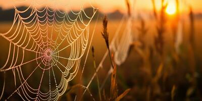 AI Generated. AI Generative. Sunshine spoderweb spider web at field meadow hay grass. Nature outdoor wildlife. Graphic Art photo