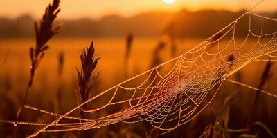 AI Generated. AI Generative. Sunshine spoderweb spider web at field meadow hay grass. Nature outdoor wildlife. Graphic Art photo