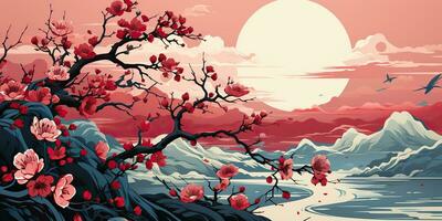 AI Generated. AI Generative. Vintage retro traditional Japanese Asian landscape background. Cherry blossom sakura tree flower mountain and outdoor nature minimal graphic art. Graphic Art photo
