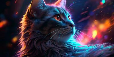 AI Generated. AI Generative. Cat sitting close to neon glowing light. Portrait pet animal face cyberpunk neon style. Graphic Art photo