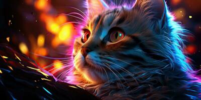 AI Generated. AI Generative. Cat sitting close to neon glowing light. Portrait pet animal face cyberpunk neon style. Graphic Art photo