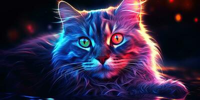 ai generado. ai generativo. gato sentado cerca a neón brillante ligero. retrato mascota animal cara cyberpunk neón estilo. gráfico Arte foto