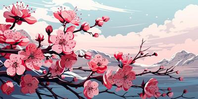 AI Generated. AI Generative. Vintage retro traditional Japanese Asian landscape background. Cherry blossom sakura tree flower mountain and outdoor nature minimal graphic art. Graphic Art photo