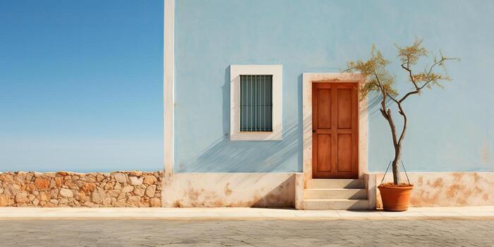 AI Generated. AI Generative. Front view house building stone bricks. Vintage retro countryside background minimalistic architecture. Graphic Art photo