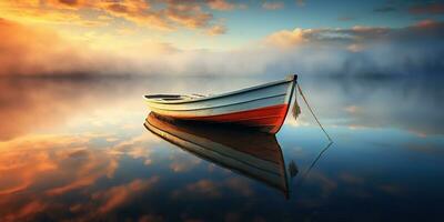 ai generado. ai generativo. madera barco Embarcacion en paz calma relajante lago mar río agua. naturaleza al aire libre pescar paisaje. gráfico Arte foto