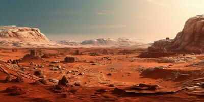 AI Generated. AI Generative. Mars planet galaxy surface landscape desert mountain outdoor landscape. Graphic Art photo