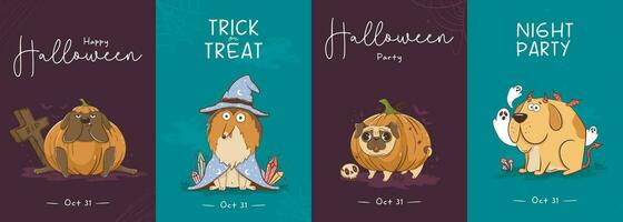 Collection of postcards with Funny cartoon purebred dogs in Halloween costumes. Scary funny character for halloween. Vector illustration of pets