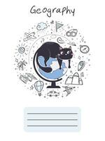 Cover for workbook for school subject geography with cute cat vector