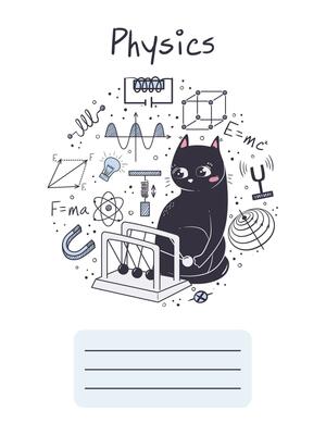 Workbook cover for school subject physics with cute cat.