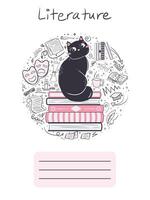 Cover for a workbook for a school subject of literature with cute cat. vector