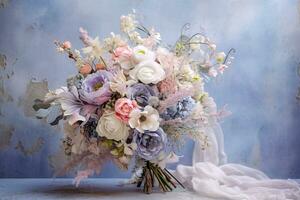 Modern colorful bridal bouquet with flowers and a silk ribbon. Generative AI photo