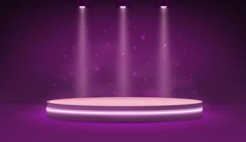 3D purple neon pastel podium illuminated by lamps from above and fog around. Volumetric platform for the presentation of discount products vector