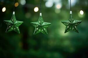 Christmas star lights on blurred green background. Led string light decoration. AI generated photo