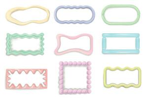 Set of realistic 3d pastel color frames with irregular wavy shapes. Isolated matte blank templates for text vector