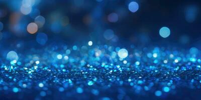 Bokeh background in blue in the style of confetti like dots. Glitter and diamond dust. AI generated photo