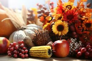 Bright background with beautiful thanksgiving decorating. Pumpkins with fruits, flowers, vegetables and leaves. AI generated photo