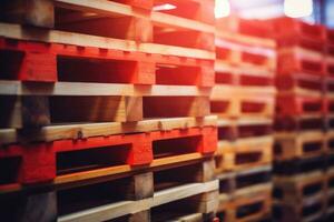 Wooden pallets stacked in a warehouse on blurred background. Generative AI photo