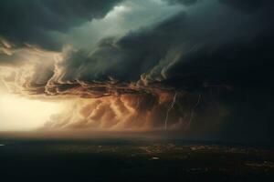 Huge cloudy windy storm. Sky with dramatic clouds from an approaching thunderstorm. Generative AI photo