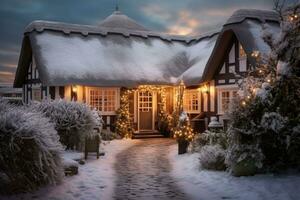 invierno acogedor tejado de paja cabaña cerca a playa. decorado con luces. ai generado foto