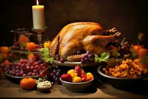 Thanksgiving dinner. Roasted turkey garnished with cranberries on a rustic style table decorated with pumpkins and vegetables. AI generated photo
