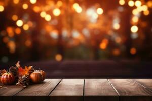 Empty dark wood table top with blurred bright Thanksgiving background. AI generated photo