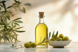 Bottle of fresh extra virgin olive oil and green olives with leaves. Generative AI photo