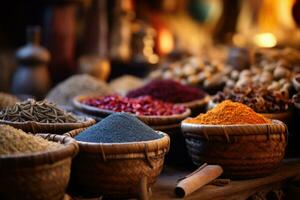 Assorted colorful dried spices placed on stall in local market. Generative AI photo