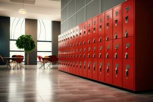 School hallway with modern lockers. Concept of studying and getting knowledge. Generative AI photo