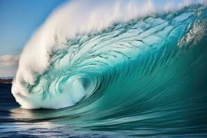 hermosa profundo azul tubo ola en el océano. Oceano ola amanecer desde dentro un playa ola. generativo ai foto