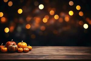 Empty dark wood table top with blurred bright Thanksgiving background. AI generated photo
