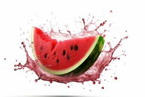 Watermelon in red fresh juice splash. Watermelon juice. Fresh fruit. Generative AI photo