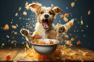 The dog eats food from a bowl, food particles fly into the air. Generative AI photo