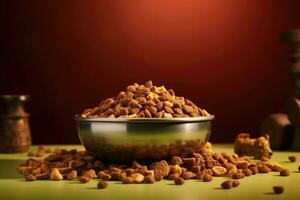 Dry dog food in bowl on wooden background. Generative AI photo