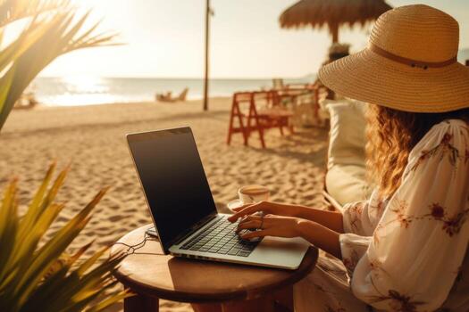 Woman working with laptop computer at the beach. Working while travelling. Generative AI photo