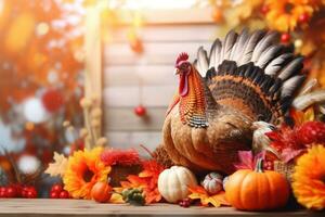 Bright background with beautiful thanksgiving decorating. Pumpkins with fruits, flowers, vegetables and leaves. AI generated photo