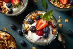 Organic ingredients for healthy breakfast. Yogurt with granola and berries. Top view. Generative AI photo