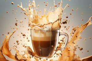 Splashing of latte coffee in glass cup. Generative AI photo