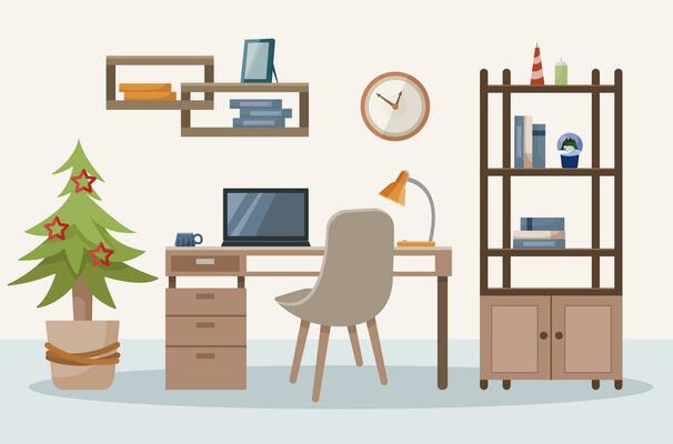 Christmas workroom interior. Christmas tree. Workplace, modern interior, office. Office with computer, home flower, clock, lamp. Work at home. Illustration in flat cartoon style.